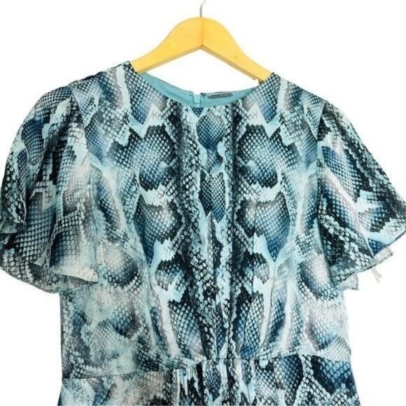 Elie Tahari Dia Gathered Snake-Print Silk-Satin Mini Dress Turquoise Size 4 - Picture 6 of 15